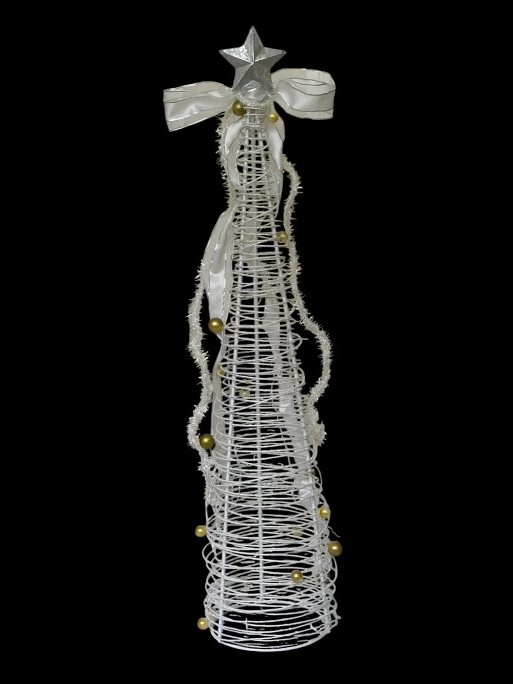 White Silver Glitter Wire Cone Holiday Tree with Silver and Gold Accents